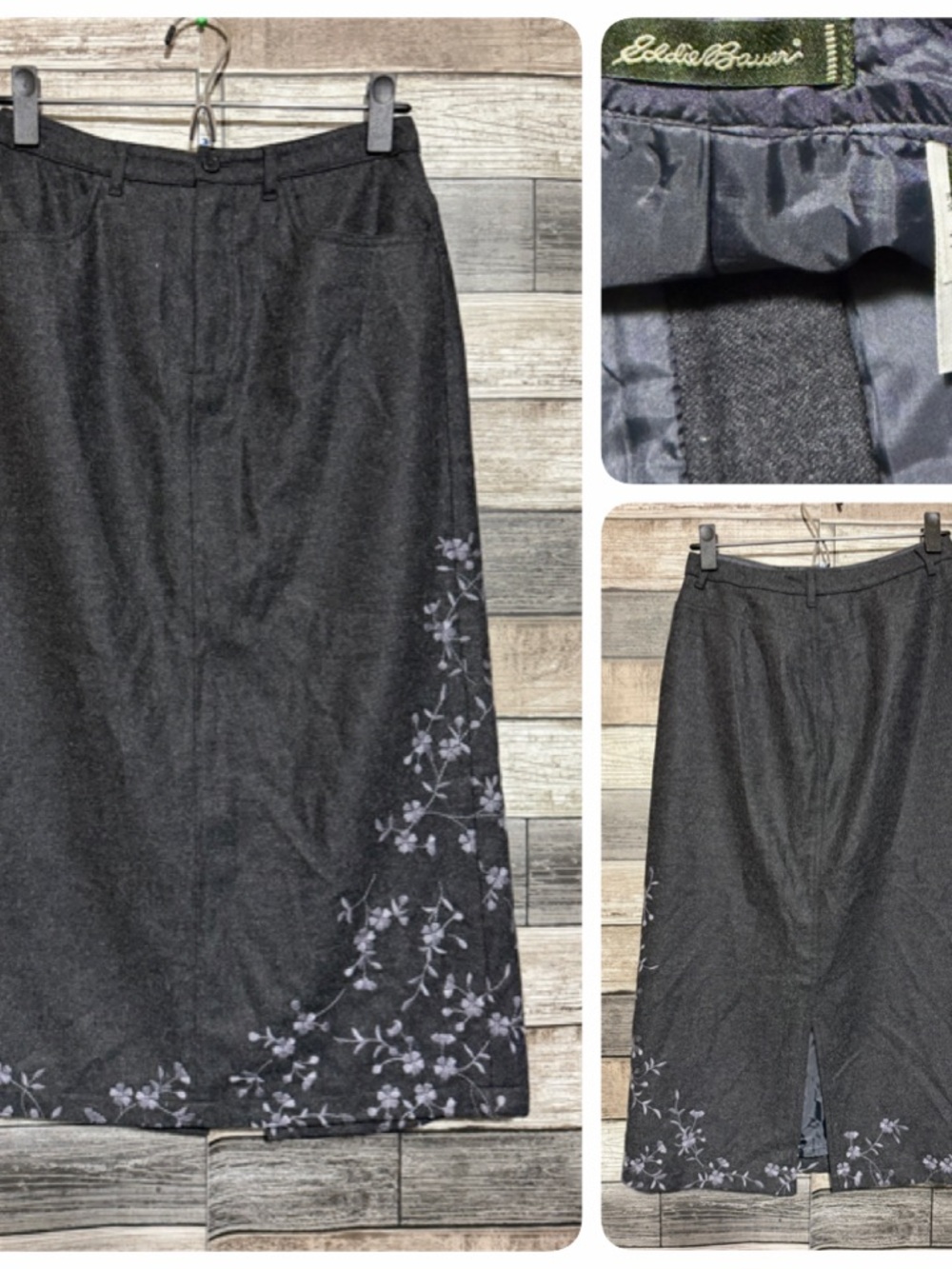 Vintage Eddie Bauer Wool Blend Floral Embroidered Skirt Women’s 2 Gray Lined